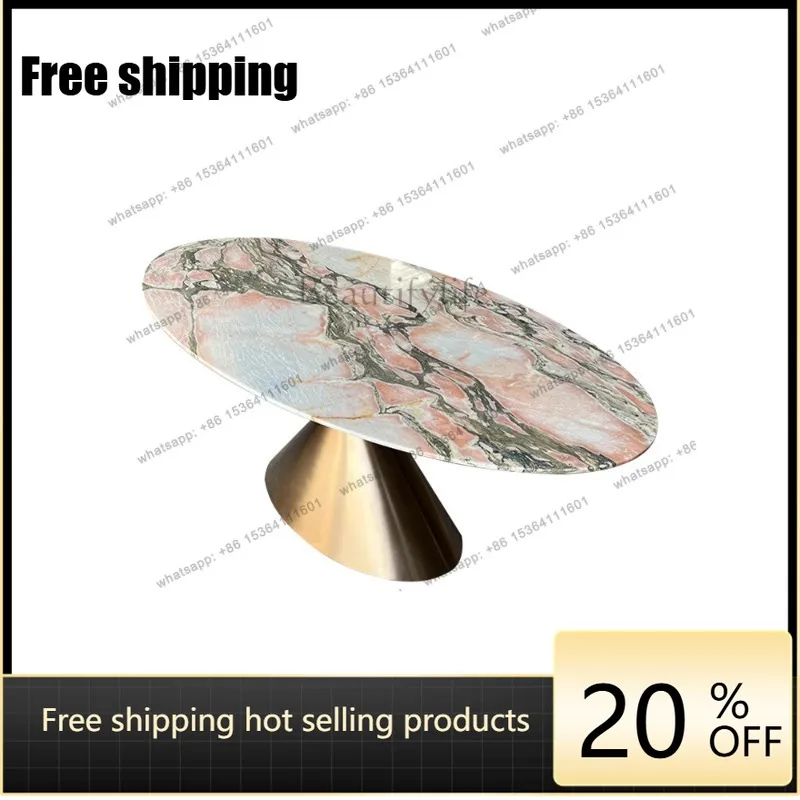 YJ natural marble smoke powder luxury stone dining table household oval light luxury