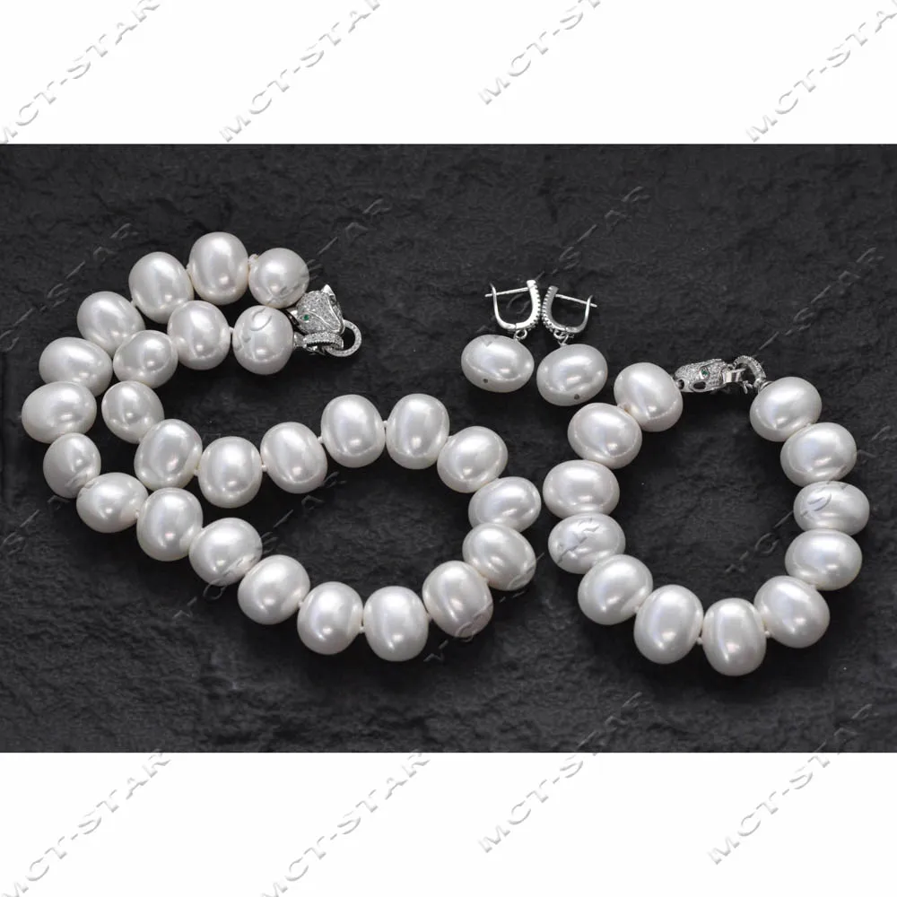 

Z13626 Set 18" Egg White South Sea Shell Pearl Necklace Bracelet Earring Jaguar CZ Custom Jewelry