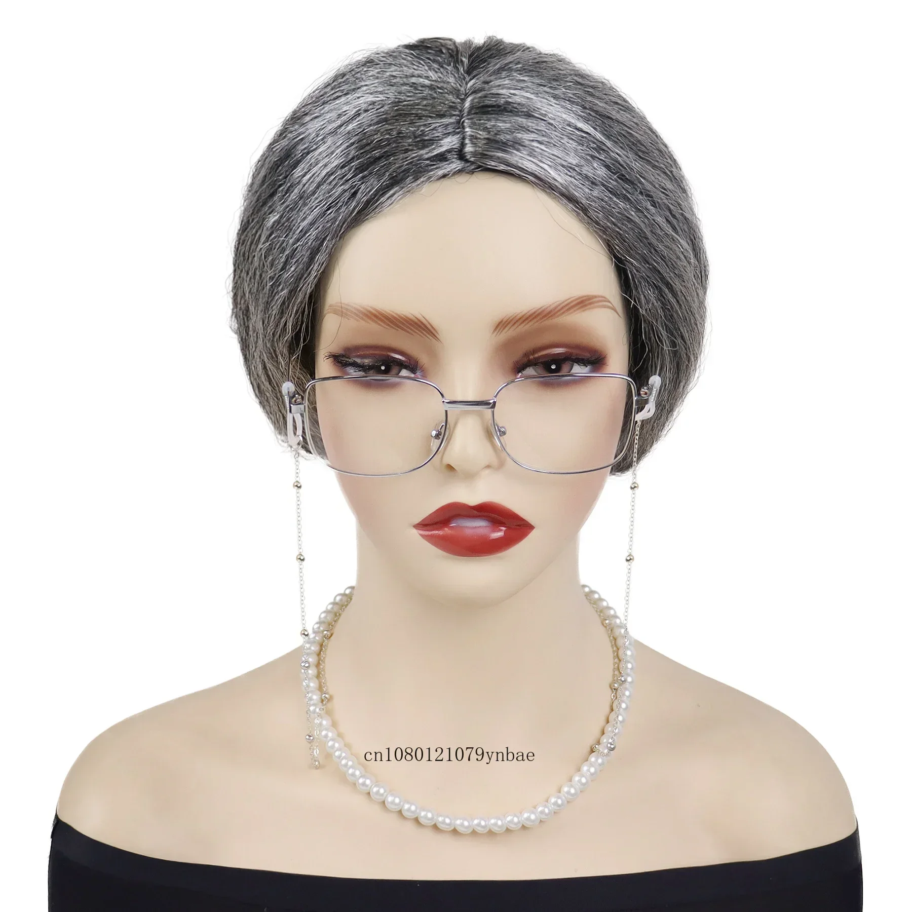 Dark Grey Old Lady Wigs Synthetic Grandma Cosplay Wig with Bun and Glasses Eyeglass Chain Pearl Necklace Daily Halloween Costume