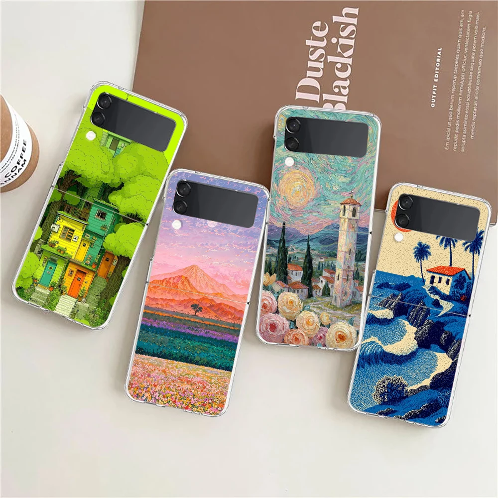 Phone Case For Samsung Galaxy Z Flip 3 4 5 6 7 8 Fold High Hard PC For Galaxy Z Flip3 Clear Cover Draw Gogh At Night Landscape