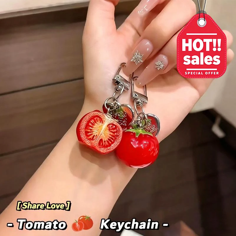 6Pcs 3D Red Tomato Keychain Resin Simulation Fruit Charm Korean Cute Keyring Phone Case Bag Pendant Christmas Gift Women