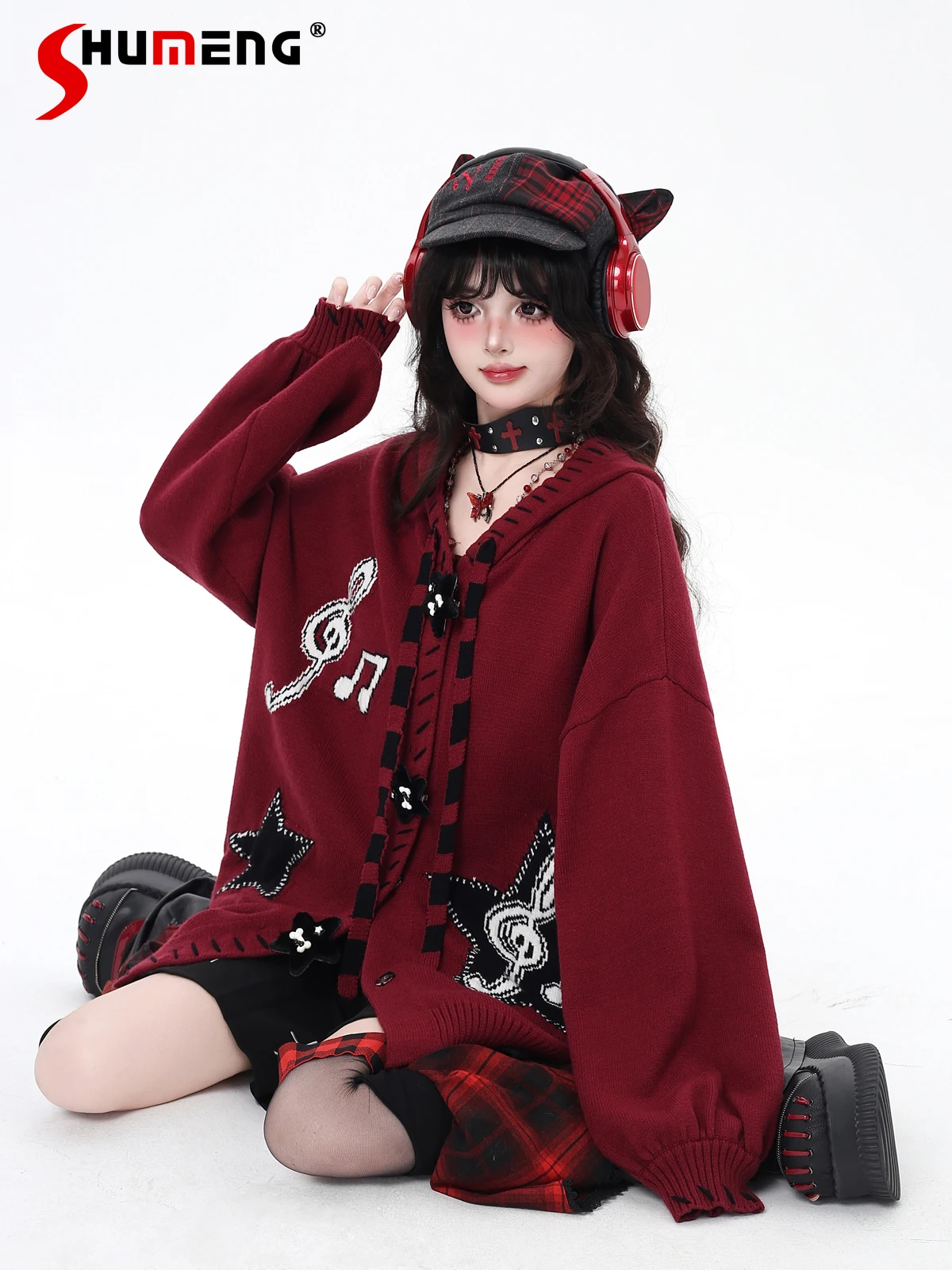 

Original Japanese Sweet Cool Girl Lantern Sleeve Star Single-Breasted Loose Casual Sweaters Knitted Cardigans for Women Autumn