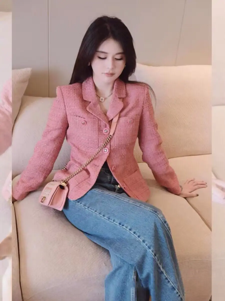 Pink Elegant Suit Jacket for Women Female Office Lady, Early Autumn 2024 New Popular Quality Socialite Sophisticated Short Top