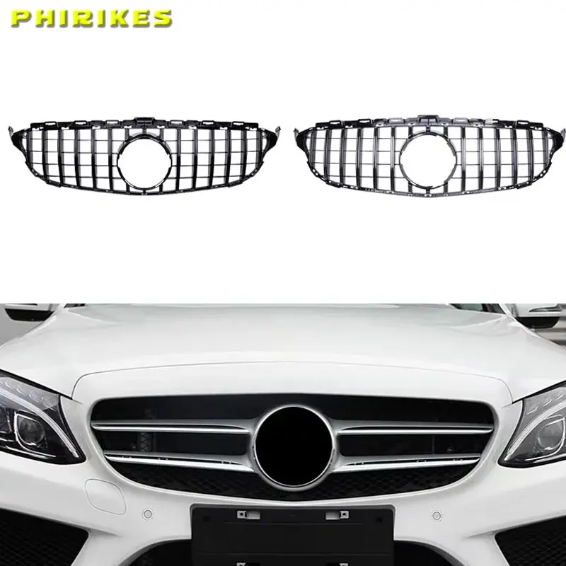 

1pc For Mercedez Bens C Class W205 2015 2017 2018 Front Bumper Grille Racing Grill Sliver/Gloss Black Style