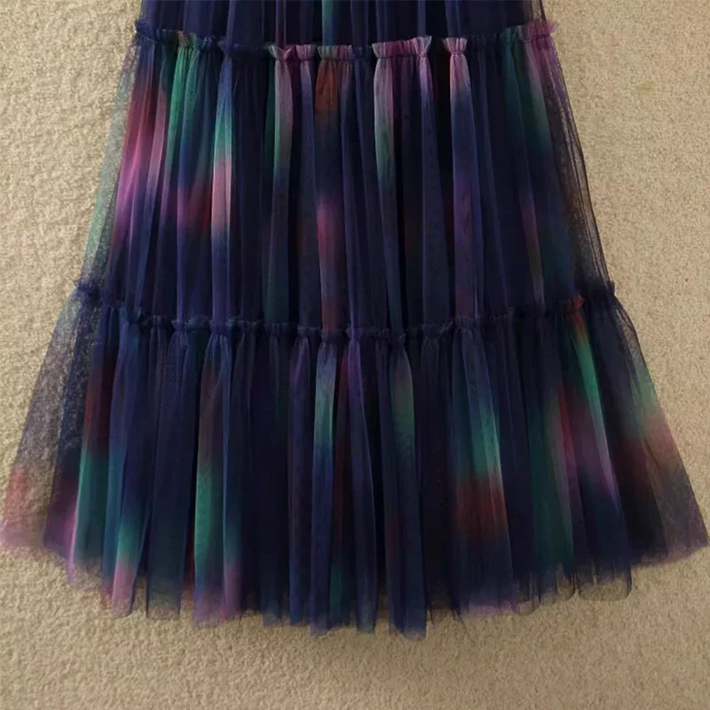 Aesthetic Gradient Long Tulle Skirt for Women 2024 Spring Summer Fashionable A Line High Waist Pleated Mash Skirt Female L564