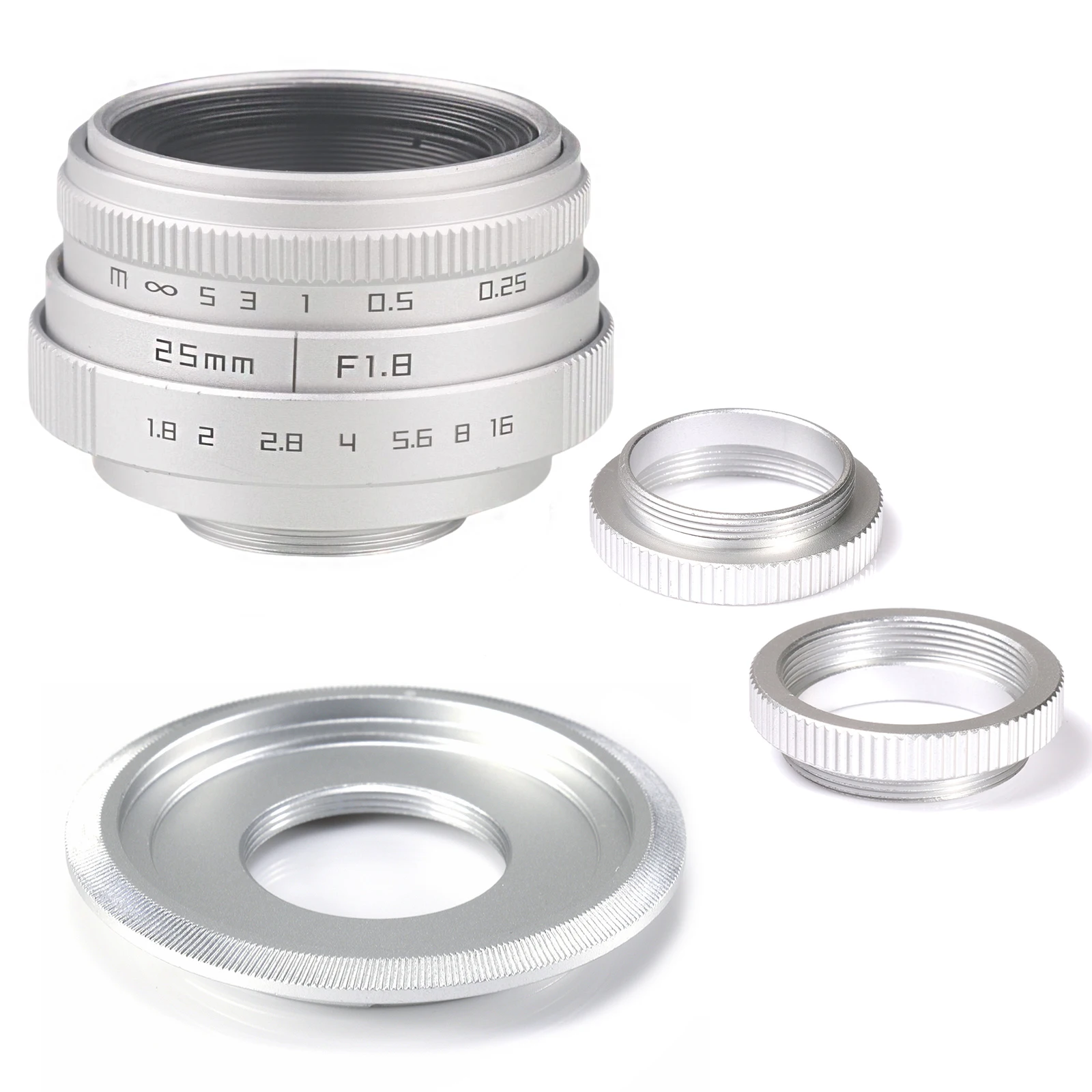 Silver Mini 25mm f/1.8 APS-C CCTV Lens+Adapter Ring+2 Macro Ring for SONY NEX Mirroless Camera A5300/A6000/A6300/A7/A7II/A9