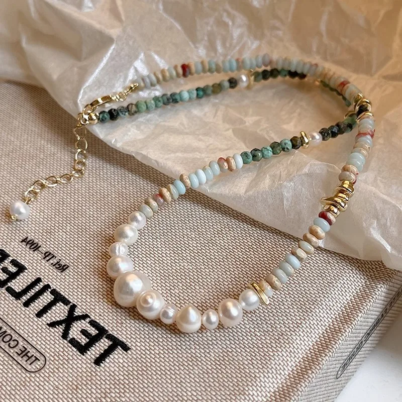 Neue Ankunft Trendy Mischfarbe Naturstein & Süßwasser Perle 14K Gold Gefüllt Damen Perlen Kette Halskette Schmuck Geschenk Kein Verblassen – Detail 4