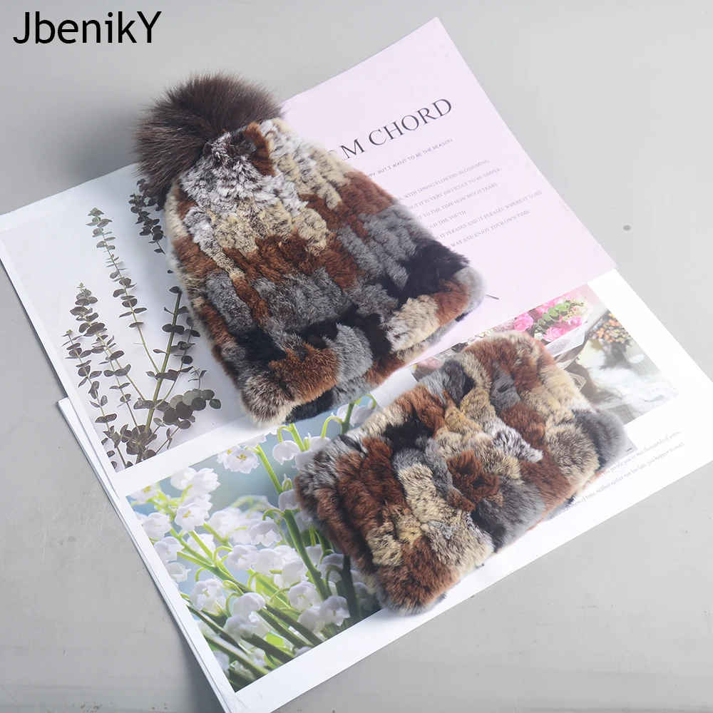 Women Knit Real Rex Rabbit Fur Hat Scarf Sets Natural Warm Rex Rabbit Fur Scarves Hat Winter Lady Real Rex Rabbit Fur Hat Scarf