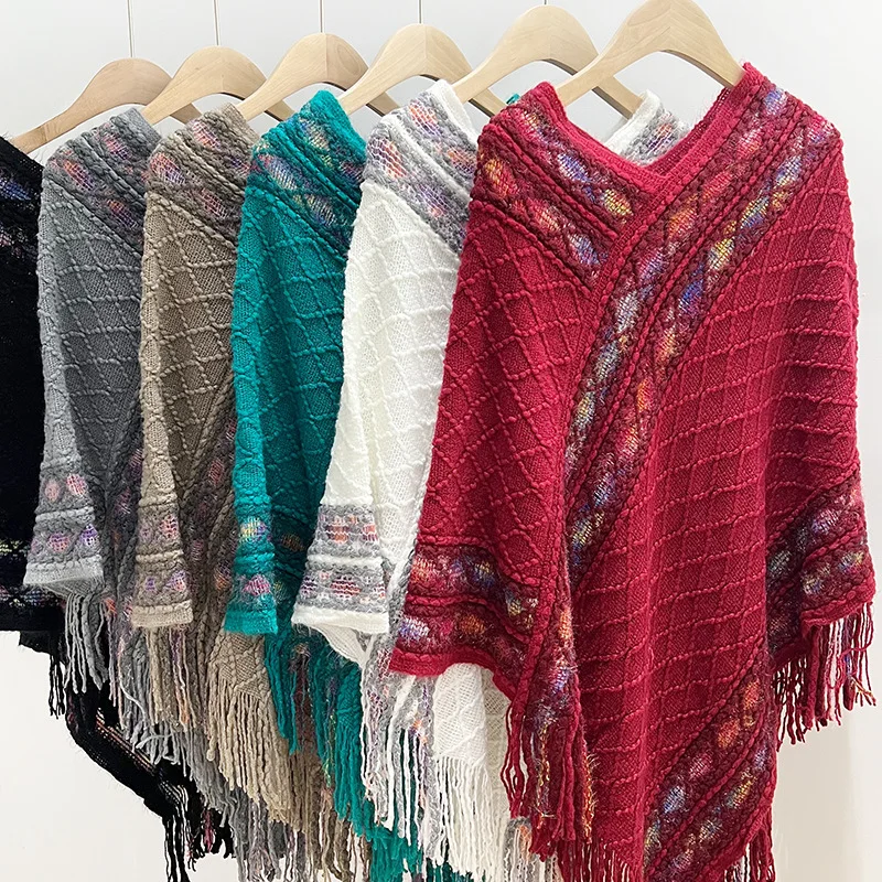 Ethnic Style Loose Shawl Cloak Women's New Knitted Tassel Scarf Tourism Outwear Split Shawl All-Match Travel Wraps