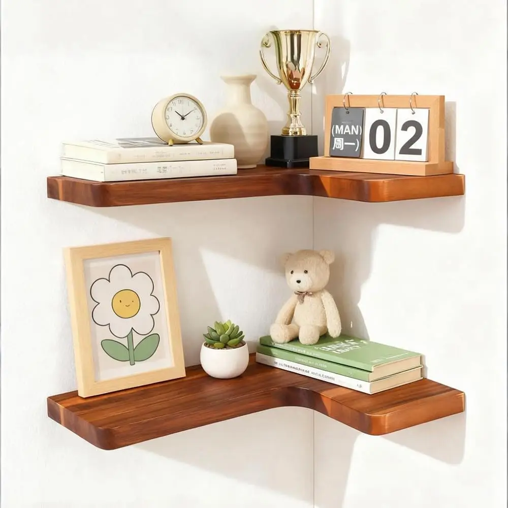 

Floating Corner Shelves, Wall Shelf Set of 2, Shelves for Wall Storage, Solid Wood Shelves for Storage, Wall Mount Wood
