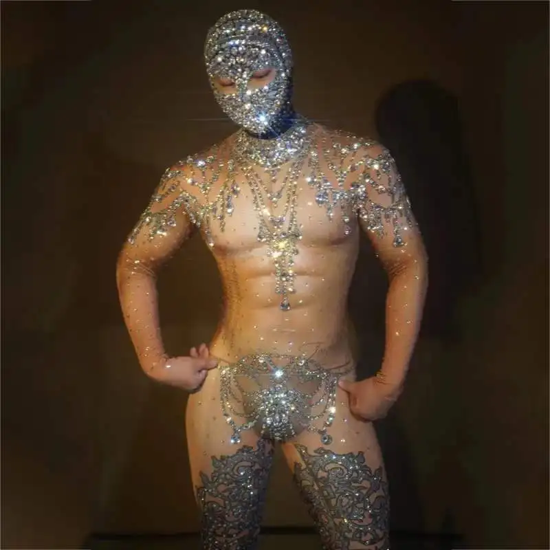 Sexy Rhinestones Rompers Muscle Man Nude Print Jumpsuit Stones Headwear Male Gogo Dancer Costume Festival Outfit Clubwear