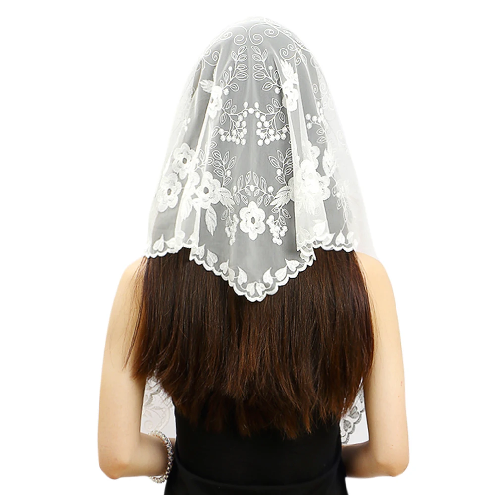 ดอกไม้สีขาวผ้าพันคอผู้หญิงสเปน Mantilla Lace ผ้าคลุมหน้าคาทอลิกสำหรับโบสถ์ผ้าคลุมไหล่หัวครอบคลุมผ้าพันคอผ้าพันคอผ้าพันคอผ้าพันคอ