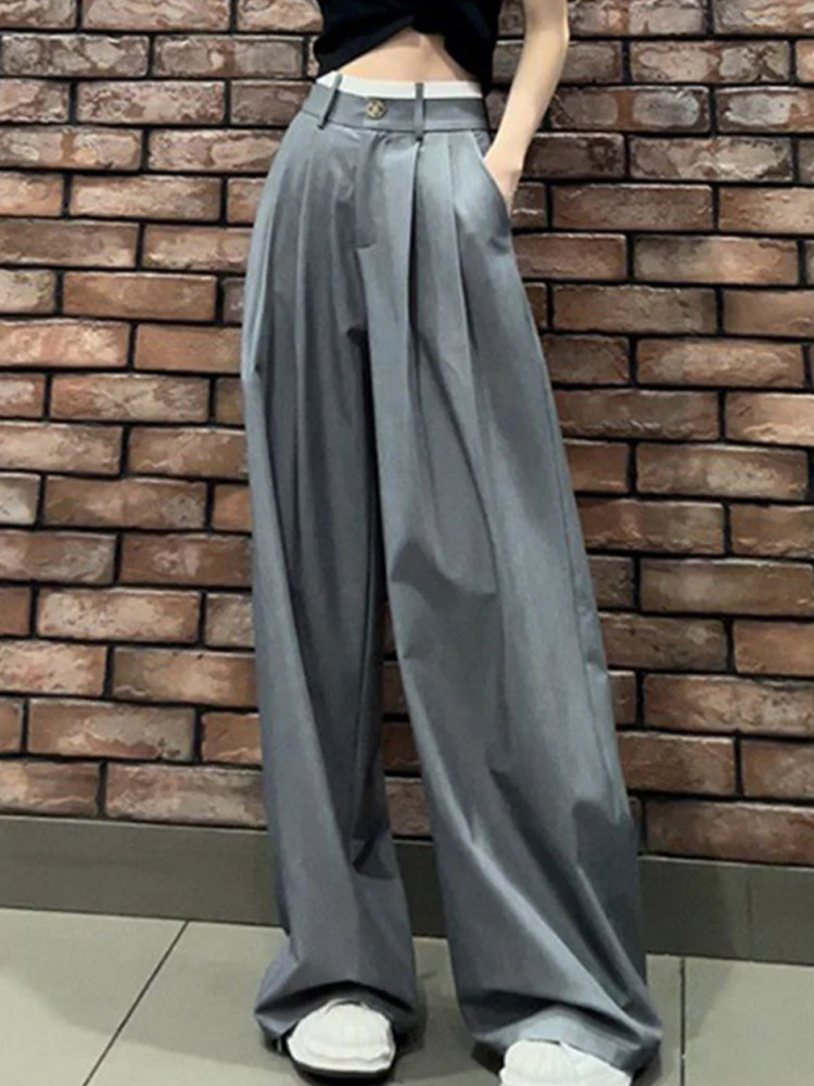 American style wide leg suit pants women's summer new high waisted slimming hanging feel contrasting color straight leg pants