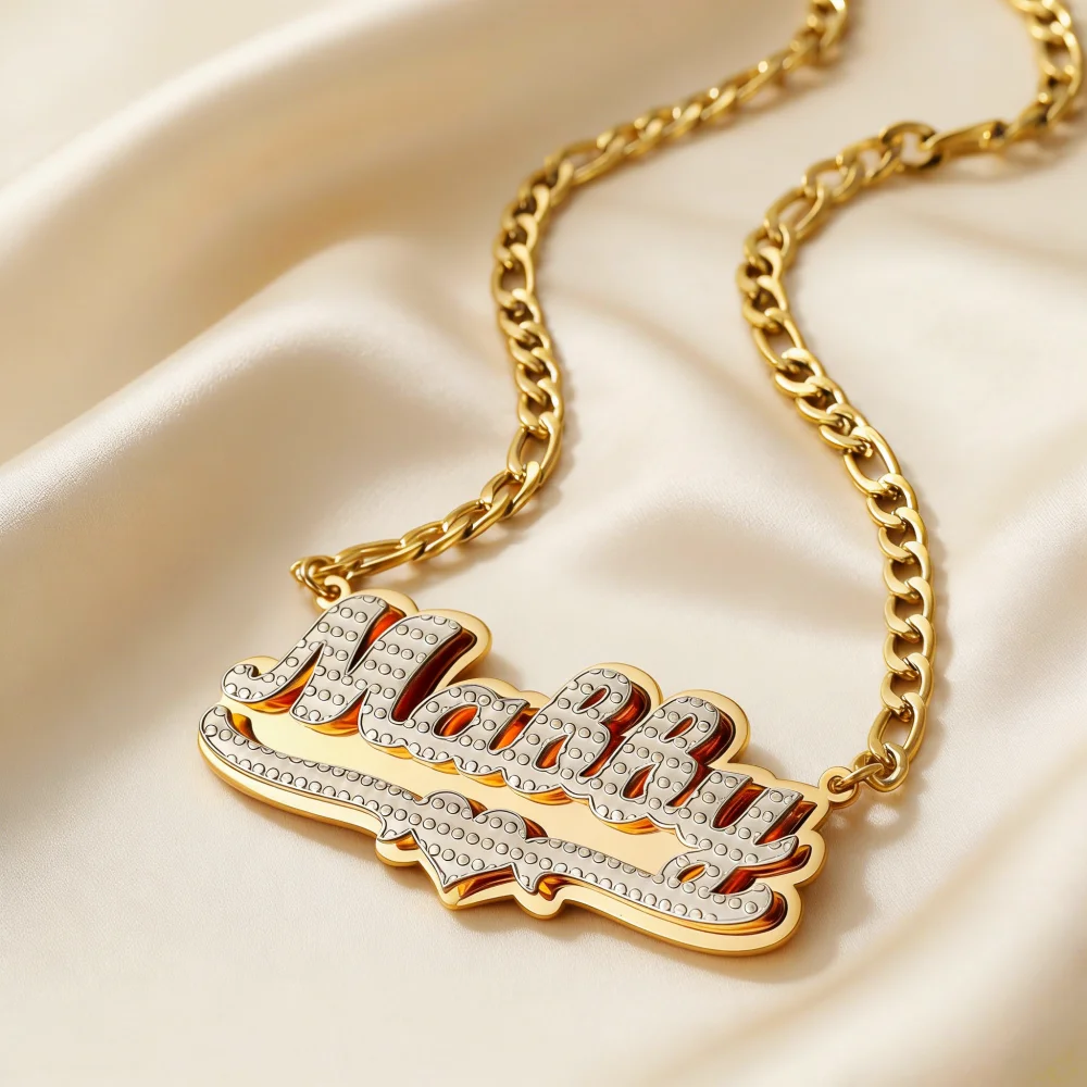 Collar con placa con nombre de oro de 18 quilates, placa con doble nombre personalizada, collar de dos tonos con nombre 3D, collar con nombre de corazón personalizado para mujer