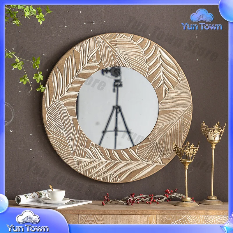 Rustic Farmhouse Carved Square Mirror for Living Room Bedroom Decor Wall Mounted Wooden Round Vanity Mirror for Airbnb Home