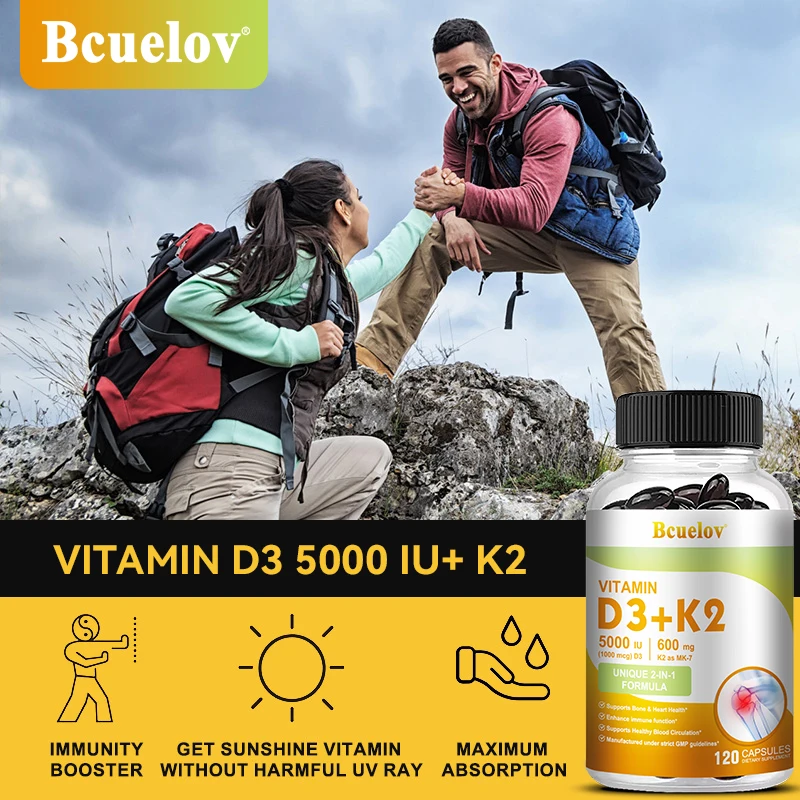 Bcuelov Vitamin D3+K2, 5000 IU Vitamin D3, non-GMO formula, easy-to-swallow vitamin D and K complex dietary supplement