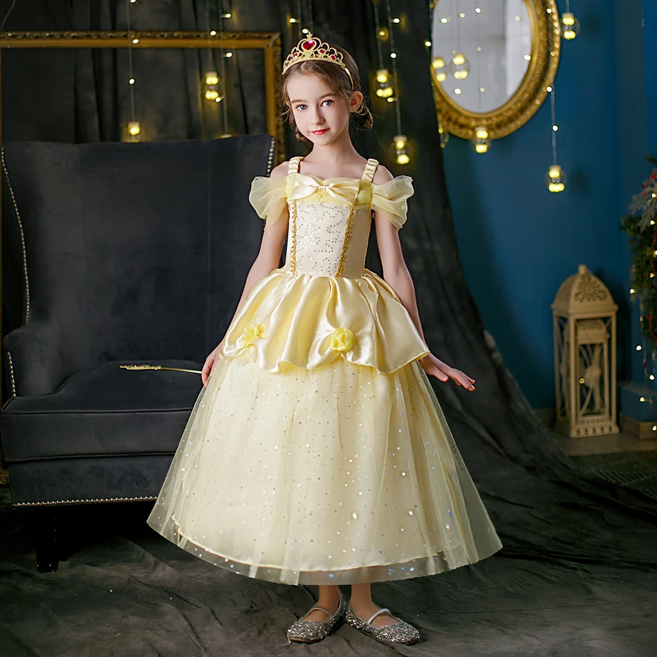 Disney Prinzessin Kostüm für Kinder Mädchen Belle Cosplay Kleid Phantasie führte Licht blinkende Geburtstags feier Prinzessin Kleid lässige Kinder