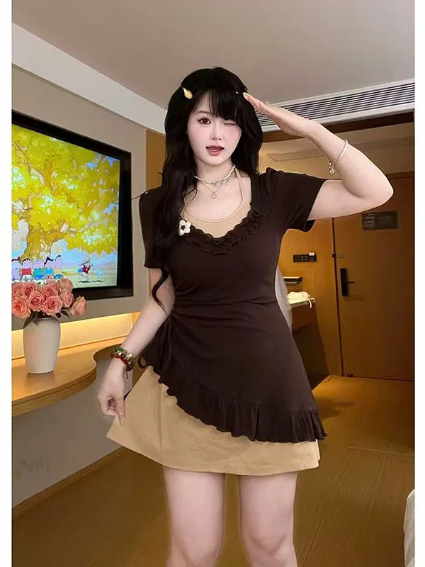 

Summer 2026 Sexy plus Size Women's Dress Casual A-Line Skirt Short Sleeve Drawstring Less Pure Desire Big Size Conceal Meat