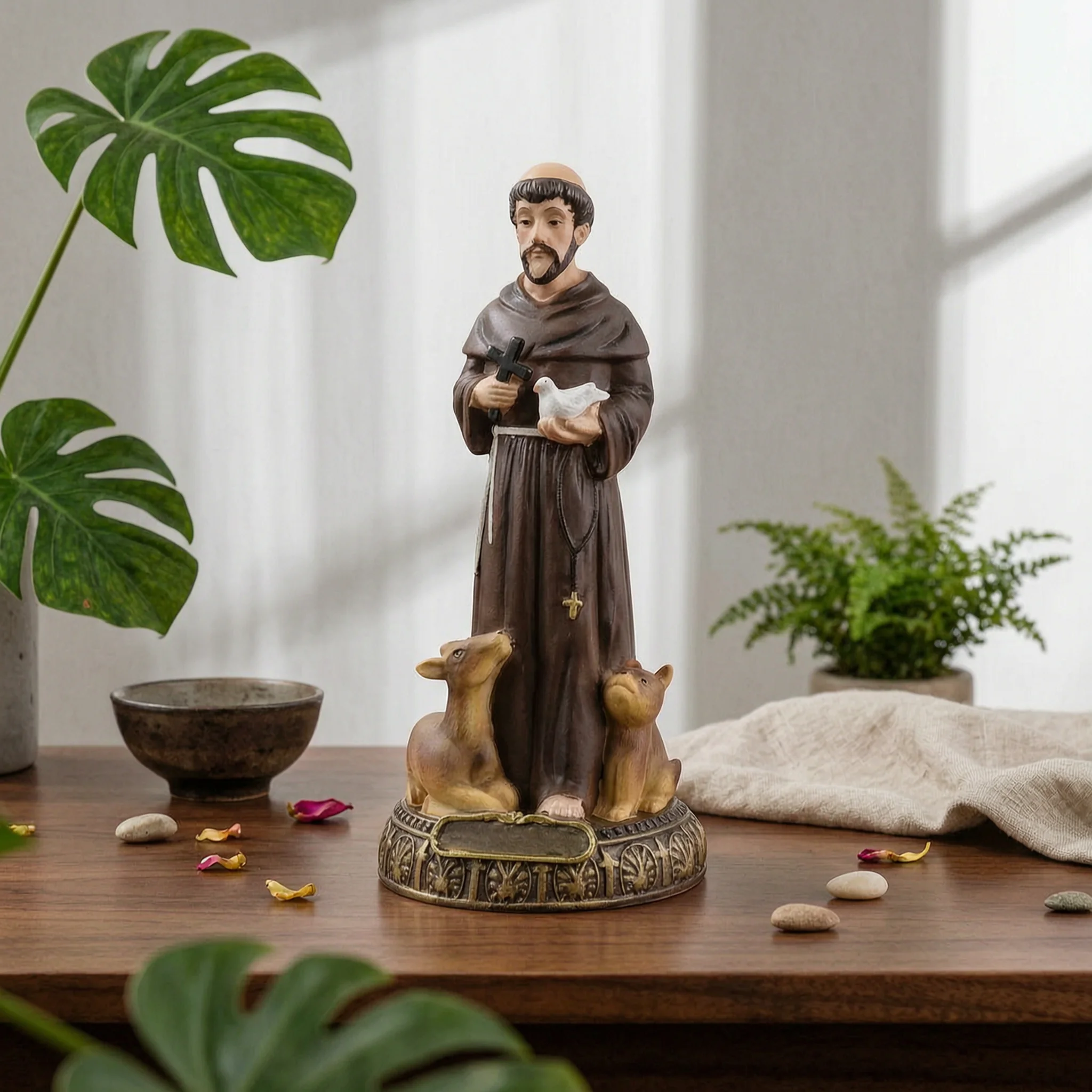 Saint Francis Sculpture with Animals Traditional Saint Francis Statue Monk Figurine with Animals Painted Decor Rustic