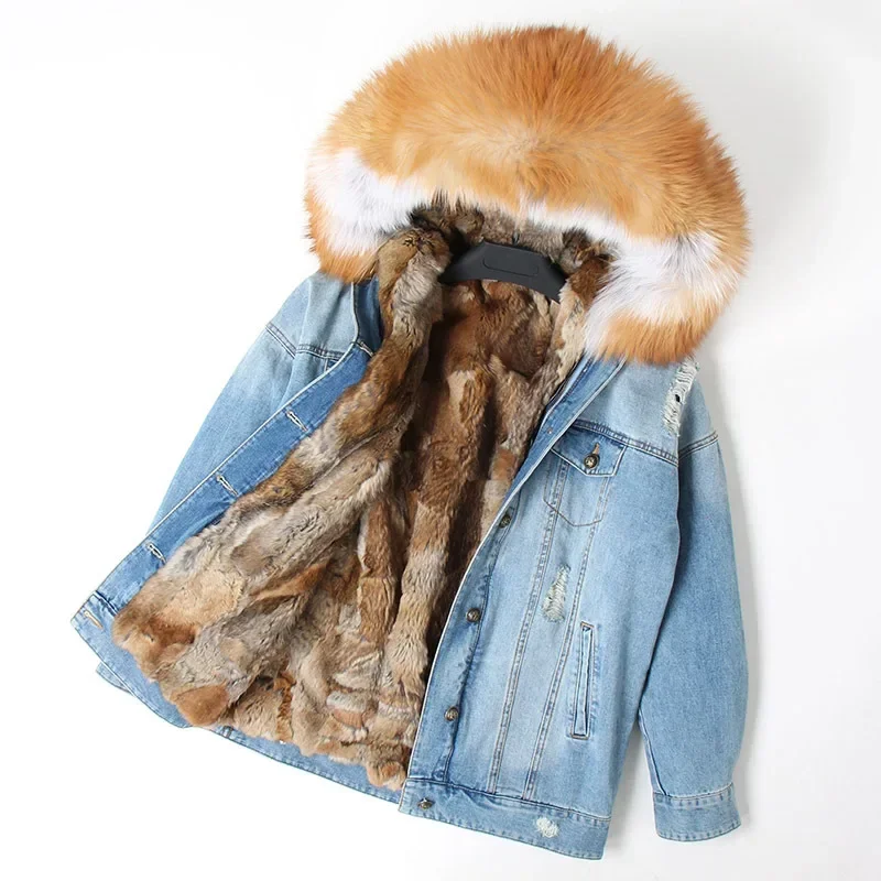 denim parka fur coat jeans parka raccoon fur woman jacket raccoon fur hooded detachable plus size winter clothing