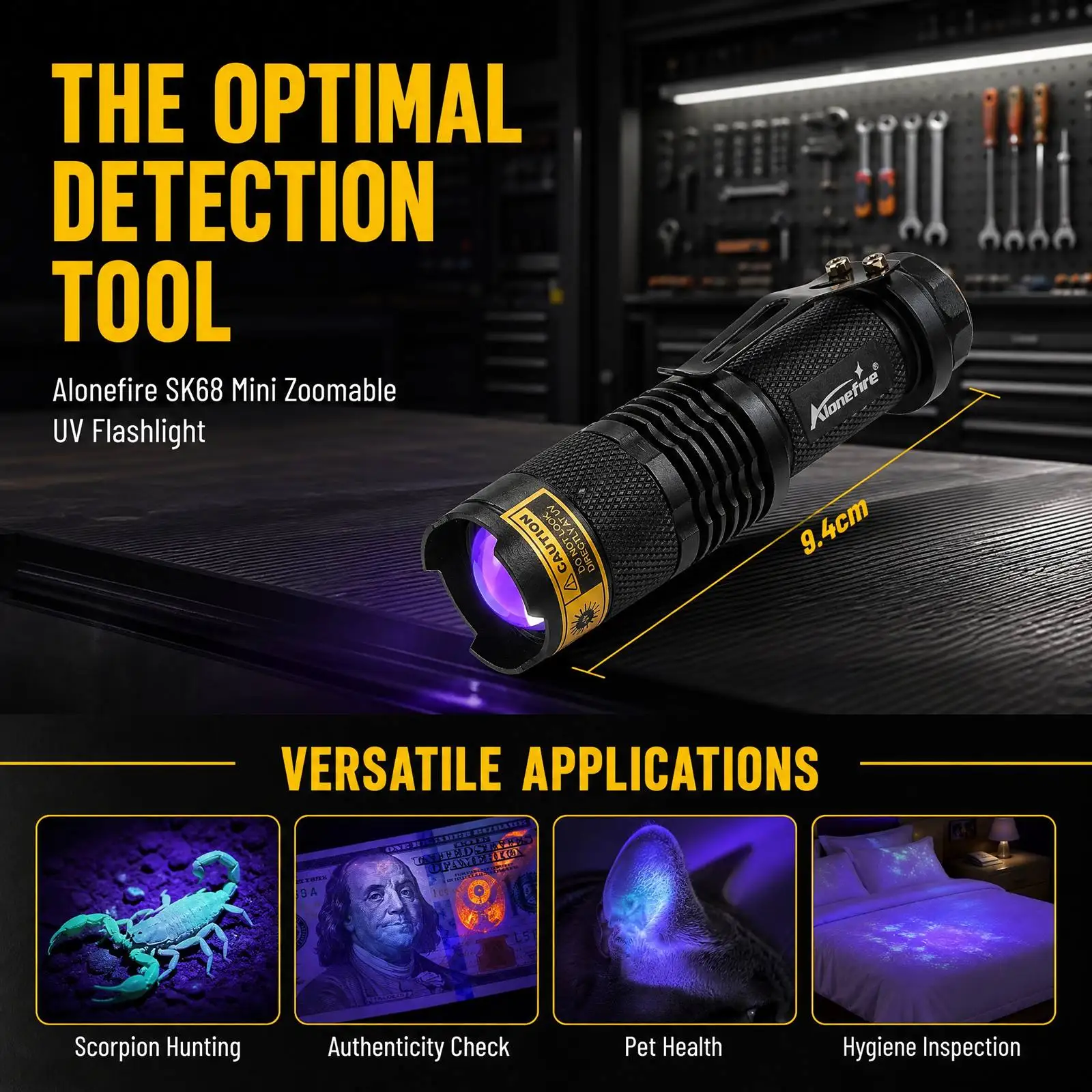 Alonefire SK68 Zoom 365nm/395nm Mini UV Light Led Flashlight Cat Dog Pet Urine Tinea Money Ore Jade Scorpion Check Lamp Torch view 2