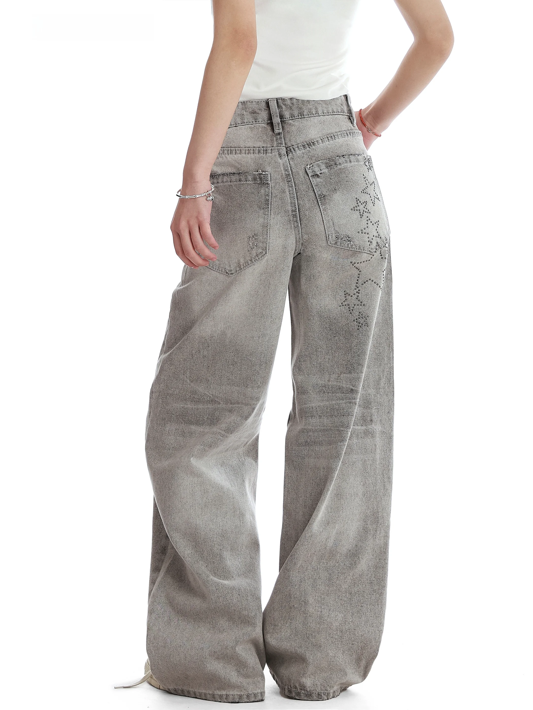 

Vintage American Waed Denim Wide Leg Jeans Women High Waist Straight Cut Torn Diamond Embellied Casual Spring Pants