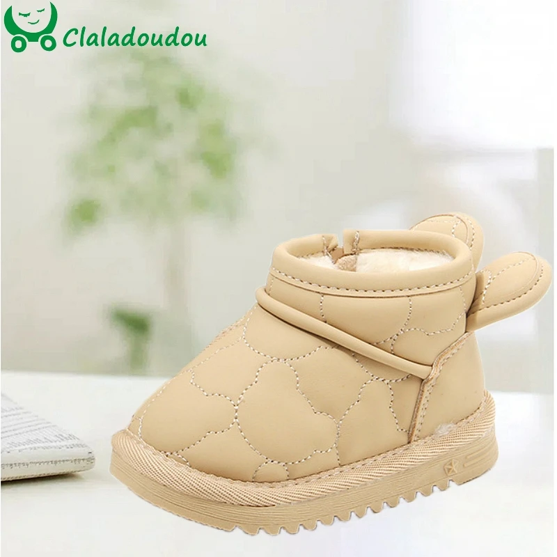 

Claladoudou Baby Girls Snow Boots With Cute Ears Solid Khaki Beige Sewing Fashion Winter Ankle Boots With Thicher Plush Toddler