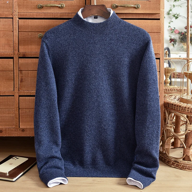 New men's semi high neck pure cashmere sweater, thickened knitted solid color youth casual sweater, winter warm Korean style