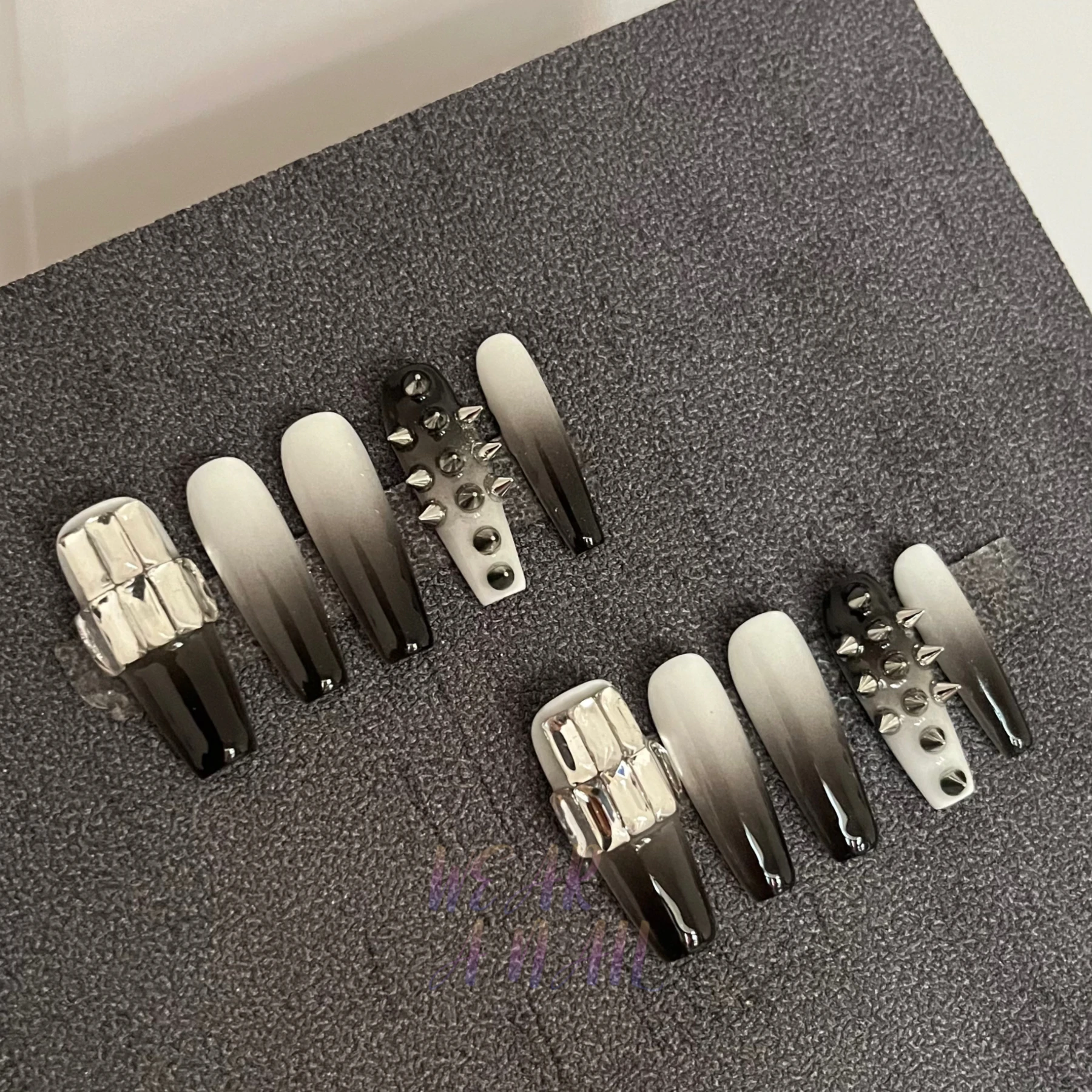 dmade y2k Metal Punk Press On Nail Long Coffin Black Art Fake Nails Full Cover Gradient Drawn Contrast Artificial Nails Art Tips