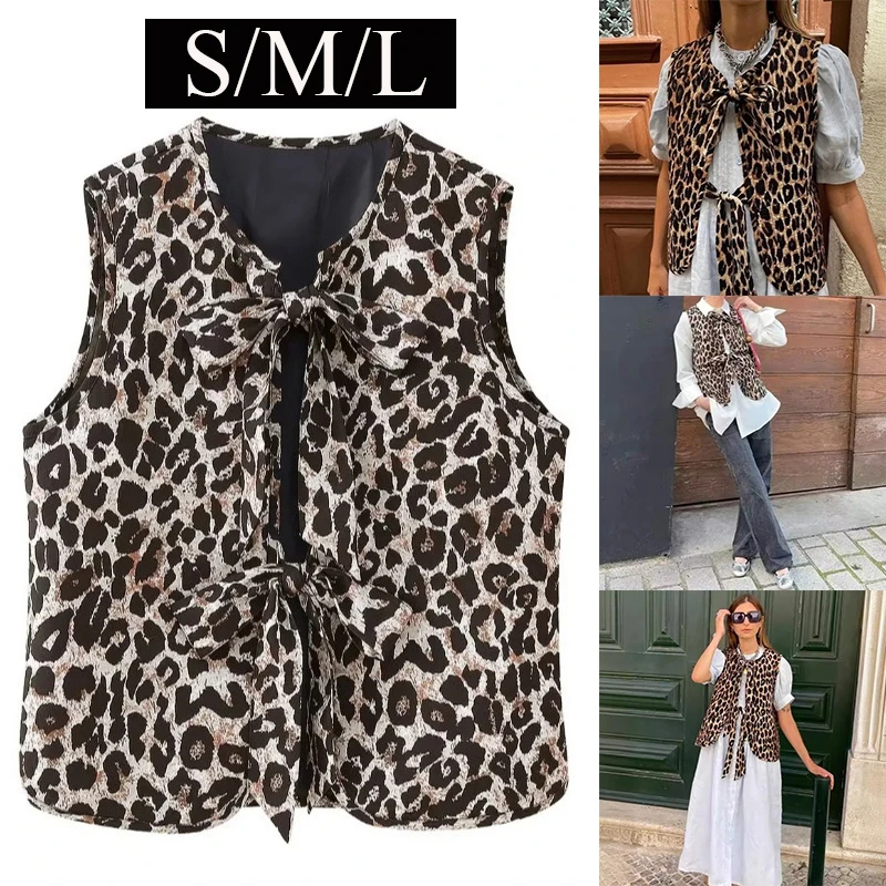 

Women's Fashion Leopard Print Vest Coat Trend Personality Bow Waistcoat Jacket Sleeveless Loose Cardigan Top Streetwear