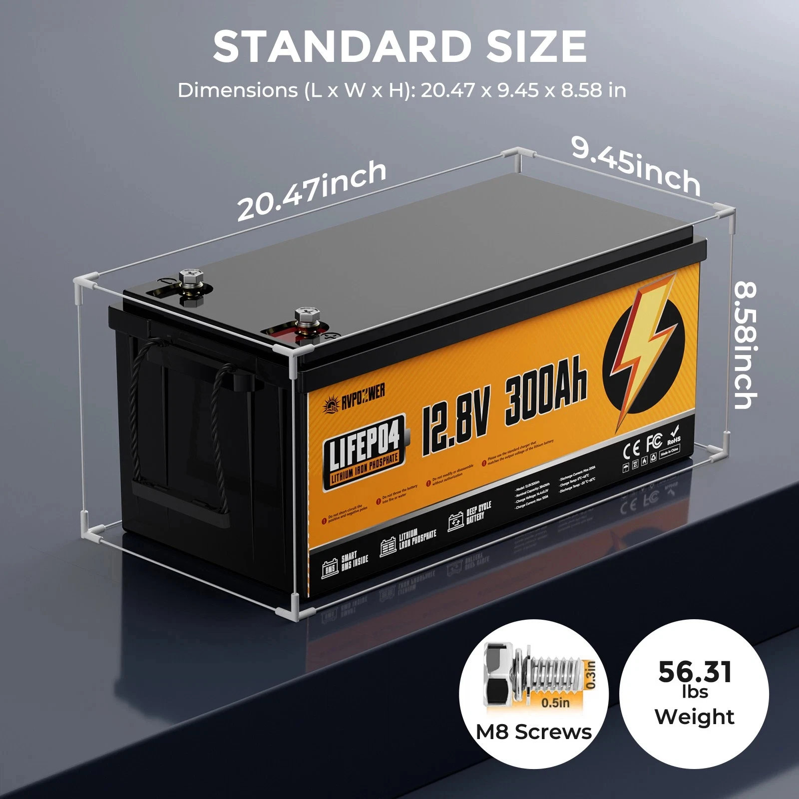 RVPOZWER 12.8V 300Ah LiFePO4 Lithium Battery 3840Wh Smart Built-in BMS Rechargeable Storage Battery 15000+ Deep Cycles Portable Iron Phosphate Battery for Off-Grid Solar System RV Camper Trailer Marine Boat Trolling Motor Household Emergency Backup Power