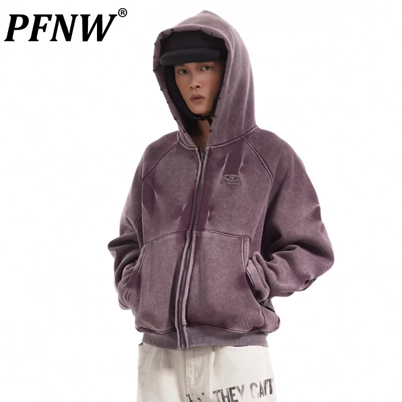 PFNW American Vintage Distressed Gradient Pleated Pile Design Padded Hooded Sweatshirt Tide Zipper Cardigan Jacket Man 28W5821