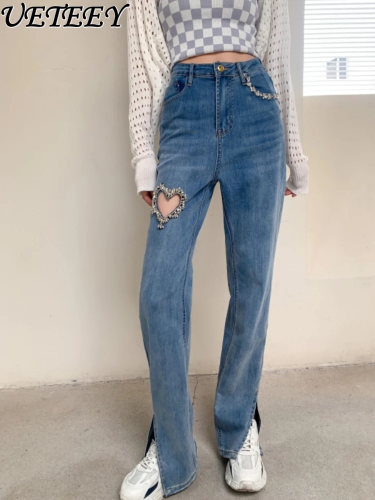 American High-End Hollow-out Love Split Jeans for Women 2024 Summer New High Waist Slimming Straight Casual Trousers Denim Pants