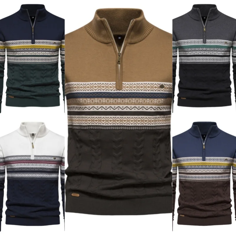 

Pop Men's Casual Henry Collar Sweater Long Sleeve Knitted Stand Collar Top Zipper Solid Color Hoodie Pattern Fashion Men's Wear