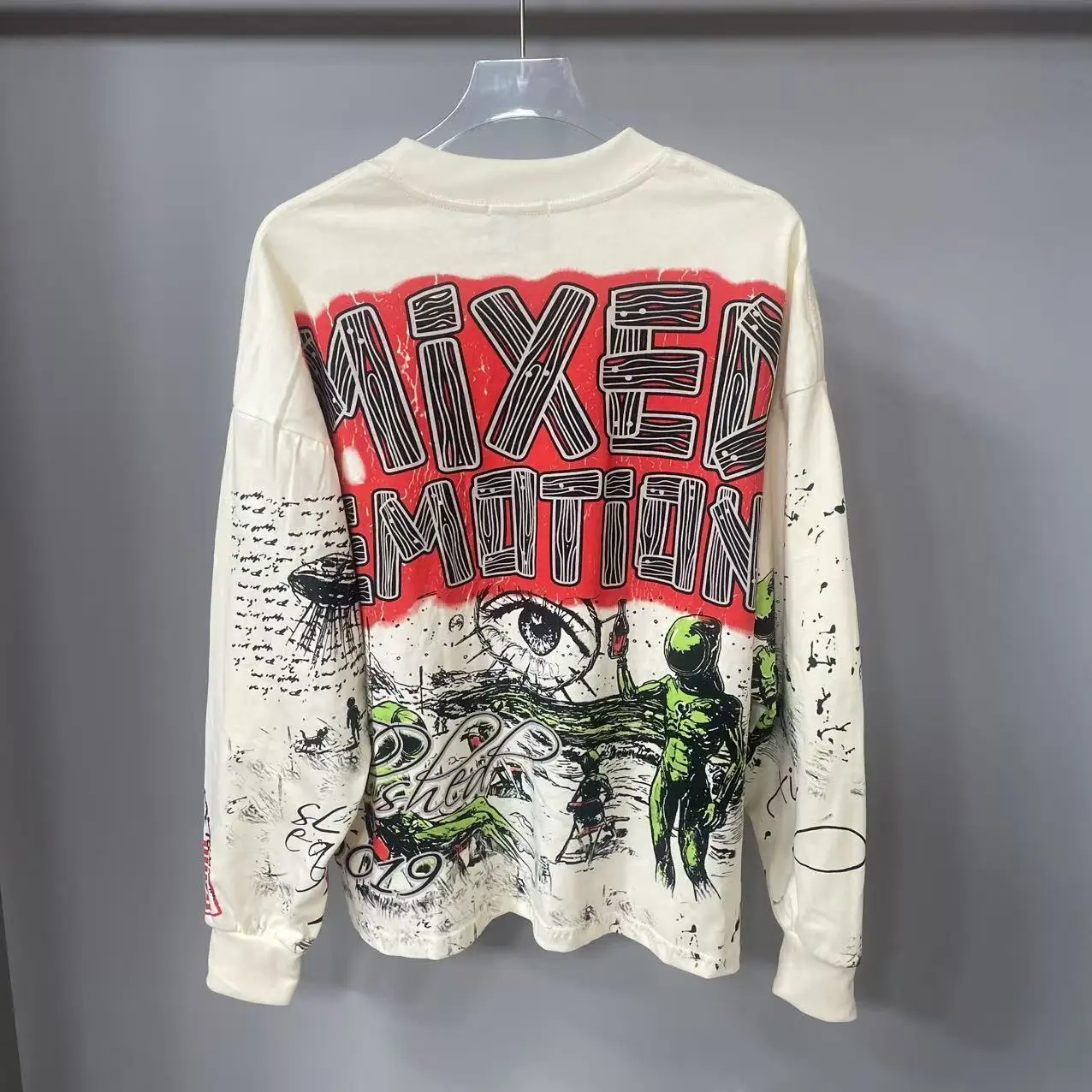 High Quality Designer MIXED-EMOTION Long sleeved T-shirt 100% cotton men's and women's Vintage Printed and hotfix rhinestone High Street Trendy Fashion Hip Hop T-shirt hoodie sweatshirt Pullover view 2