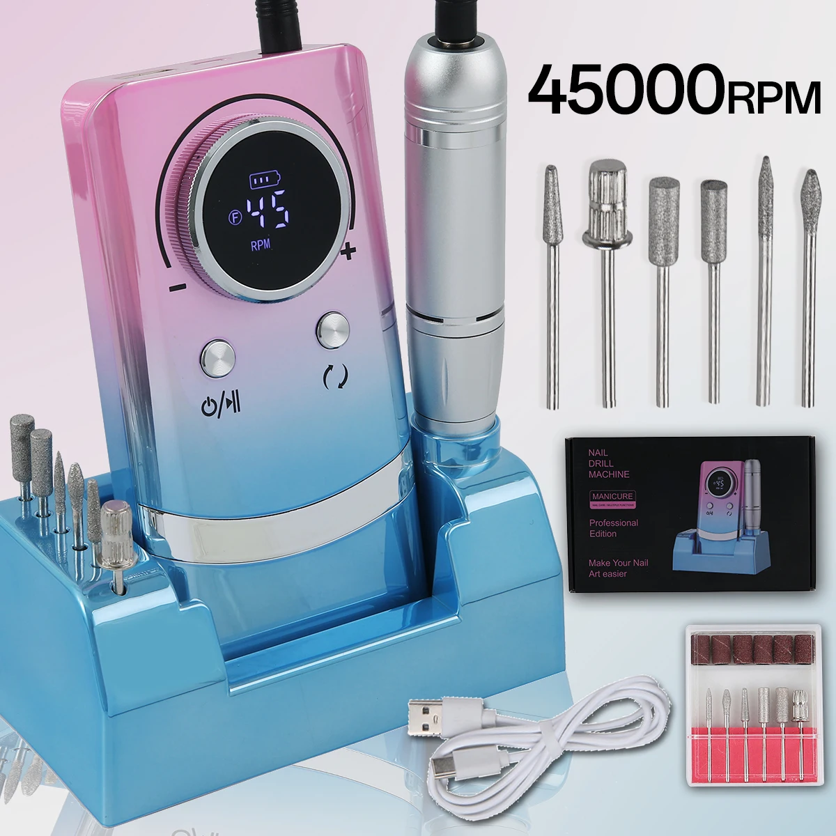 45000RPM Rechargeable Nail Drill Machine with LCD Display Low Noise Professional Nail Polish Sander for Manicure Nail Equipment