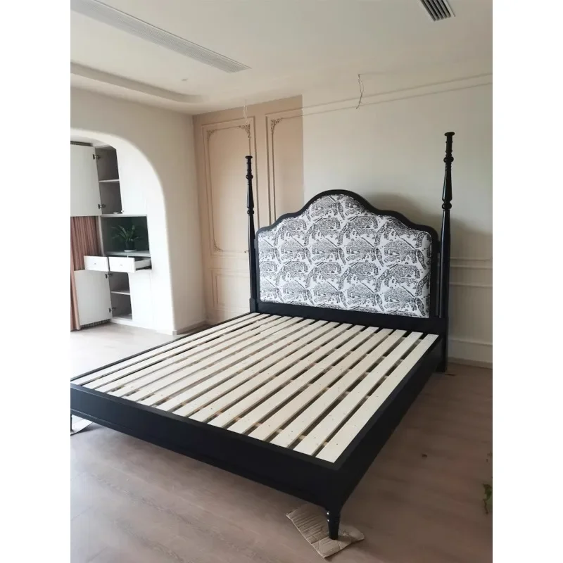 French solid wood  master bedroom double high back Roman pillar  black soft bag 1.8 meters princess bed