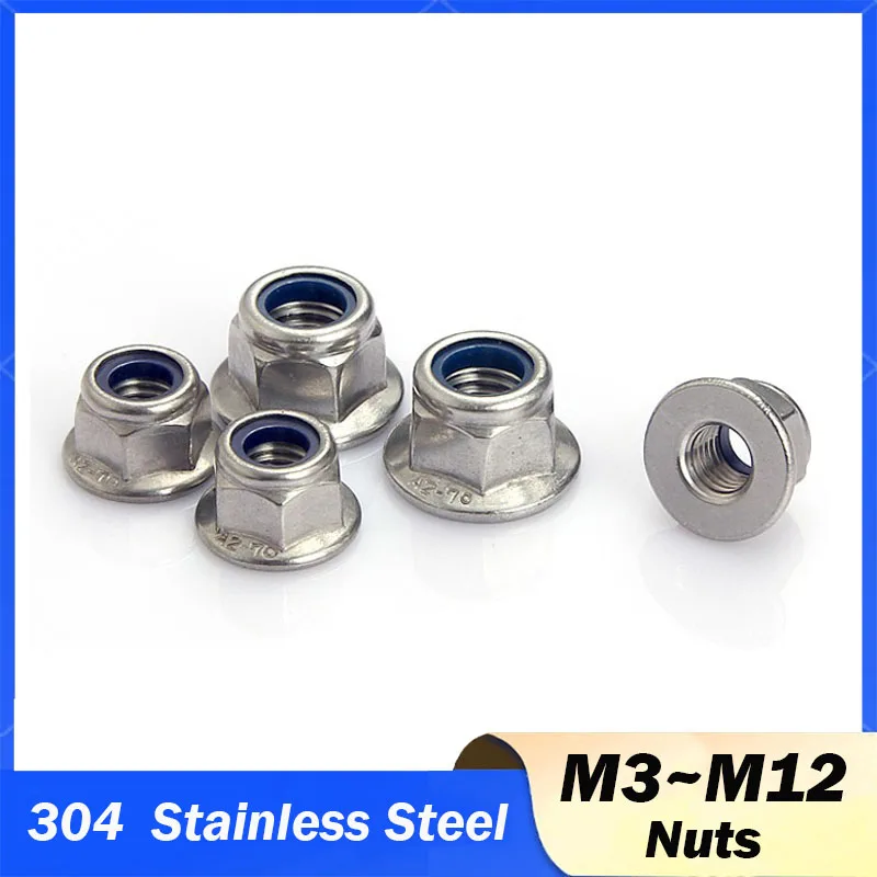304 A2-70 Stainless Steel Nylon Flange Lock Nuts Nylon Anti Loosening Nut M3 M4 M5 M6 M8 M10 M12