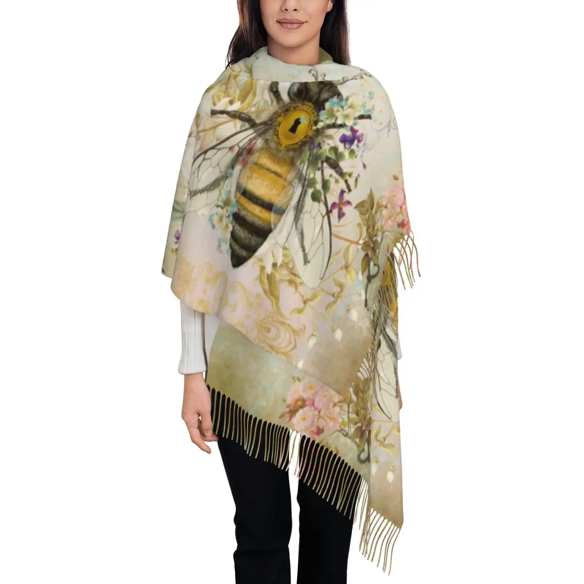 Custom Honey Bee Vintage Portrait Style Tassel Scarf Women Winter Fall Warm Shawl Wrap Ladies Scarves