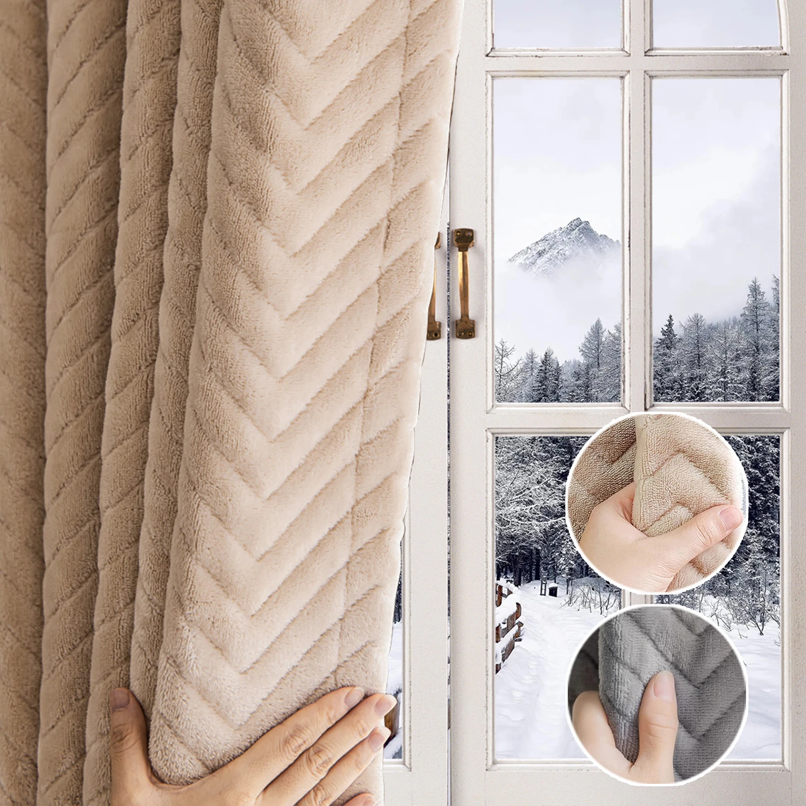 Winter Heavy Duty Windproof Warm Quilted Plush Cold-Proof Full Blackout Curtain Rod Pocket Window Drapes for Living Room Bedroom