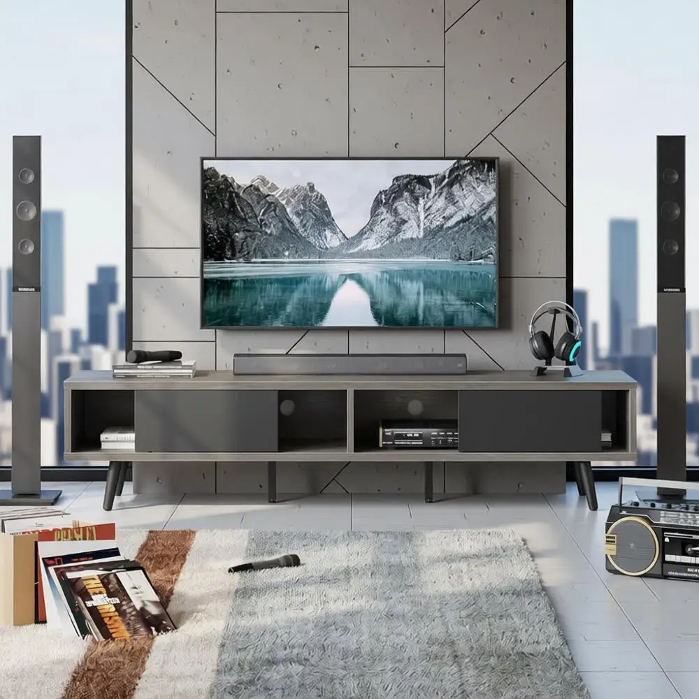 

Gray Wash 70 Mid-Century TV Stand, Low Profile for 75 TVs, Storage & Cord Management