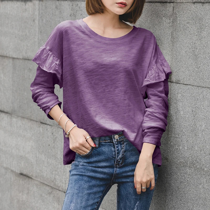 Women's Purple Ruffles Cotton T-shirts, New O-Neck, Long-Sleeved, Loose, Casual, All Match, Female Pulls Tops, Summer, 2022