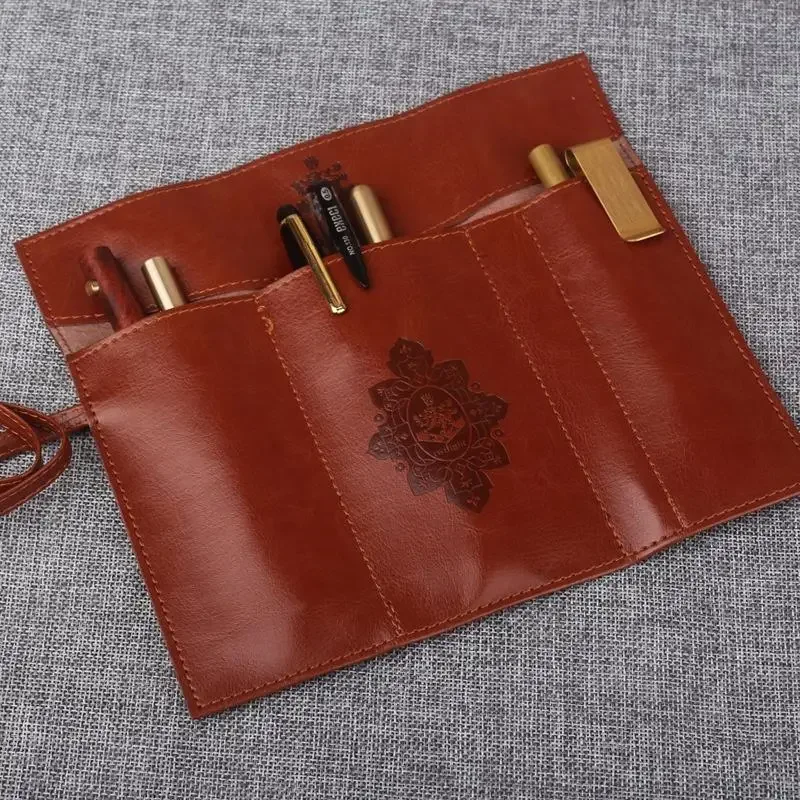 1Pc Vintage Stylish School Folding Roll-up Leather Pencil Bags Rods Badge Cosmetic Bag for Christmas Gifts