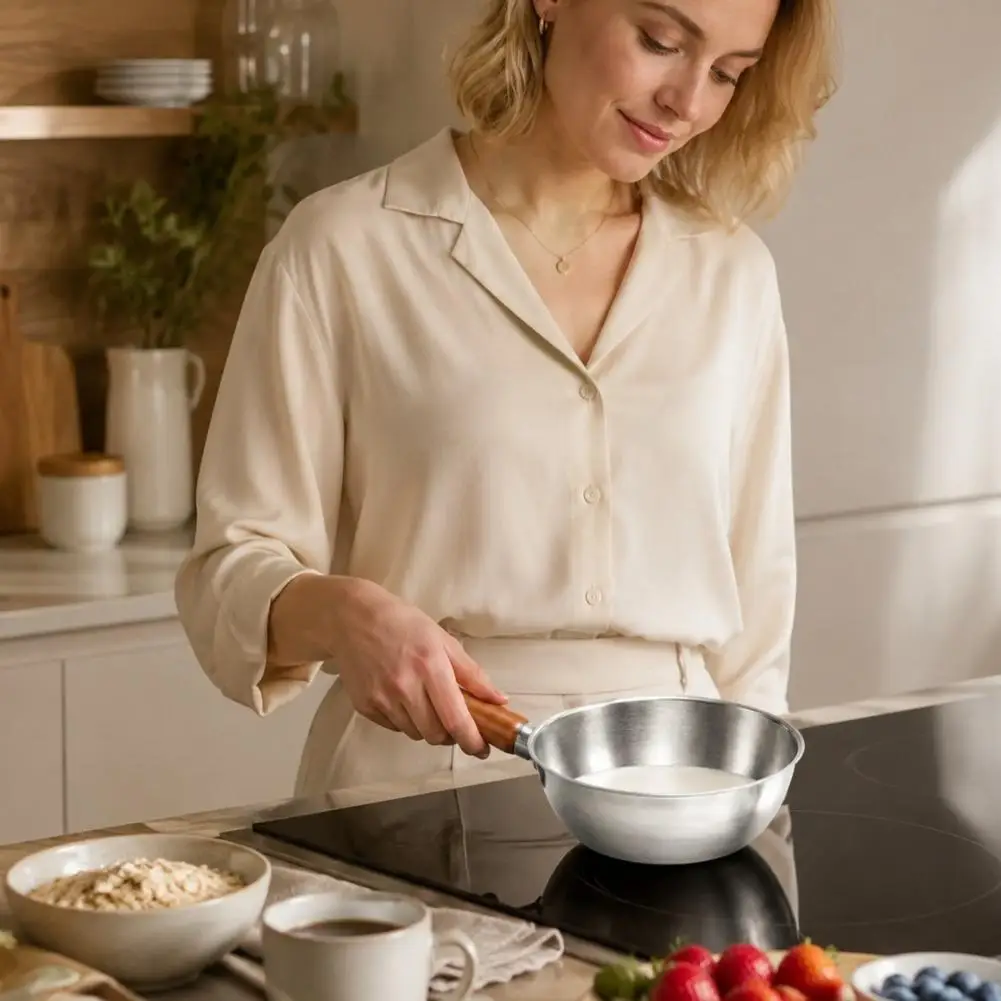 High Quality Wooden Handle Mini Milk Pot Lightweight Anti Scalding Stainless Steel Household Kitchen Omelette Frying Small Pot view 6