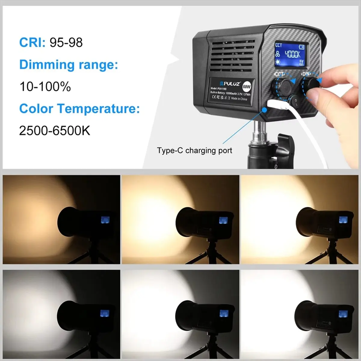 N05R PULUZ 60W Handheld Photography Fill Light Studio Video Light 2500K-6500K Dual Color Temperature Professional COB Fill Light