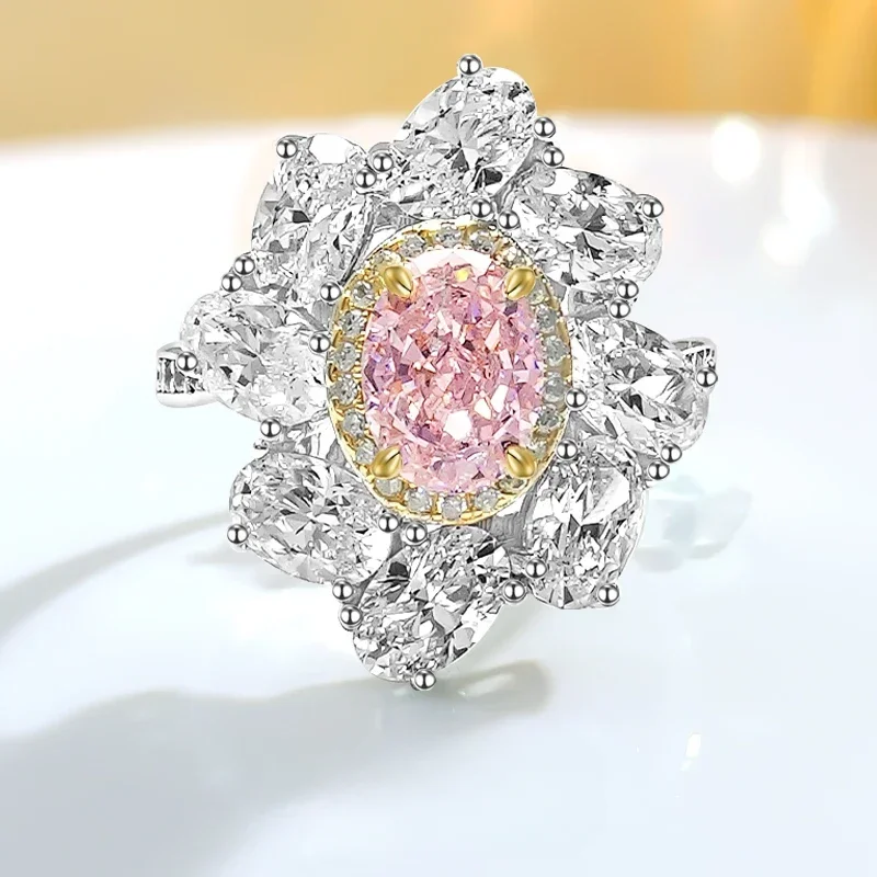 

Luxury and fashionable 925 sterling silver pink diamond egg shaped flower ring paired with high carbon diamond wedding jewelry