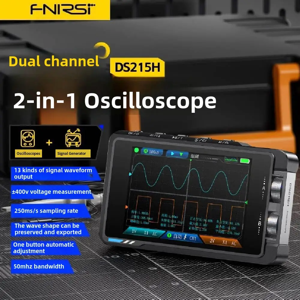 

FNIRSI DS215H Handheld Small Hd Screen Digital Oscilloscope+Signal Generator 2IN1 Dual Channel 50MHZ Automatic Osciloscópio Tool