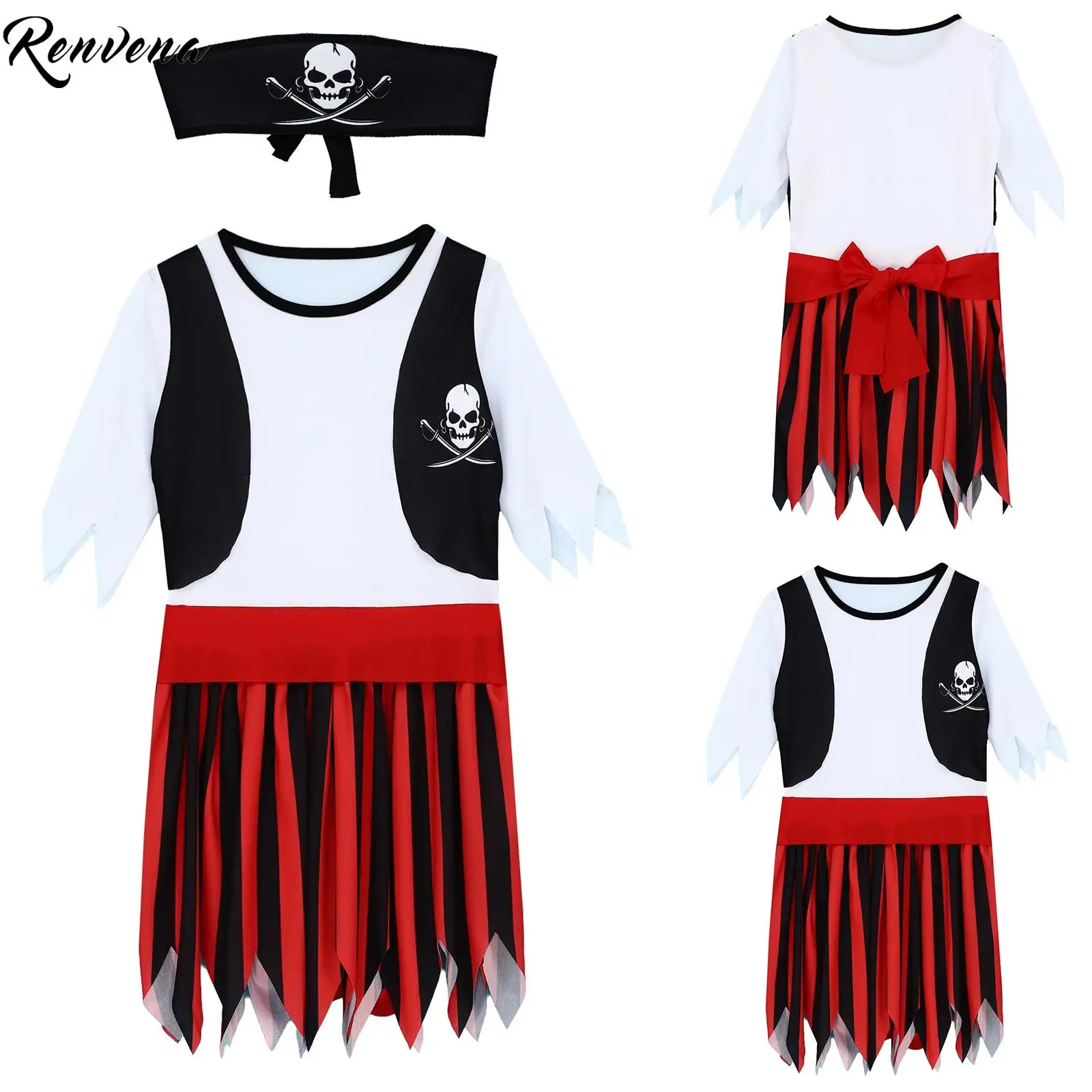 

Костюм пирата для девочек, платье для косплея на Хэллоуин, платье с короткими рукавами и принтом черепа, рюшами, зубчатым подолом, головной убор, пояс, платье для ролевых игр