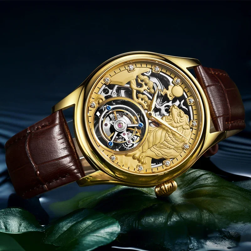SEAKOSS Zodiac Tiger Super Skeleton Real Tourbillon Watch Men Luxury Sapphire Glass Men's Hand Wind Mechanical Watches Leather - Image 3