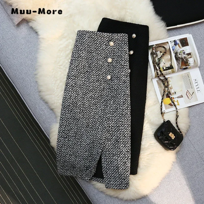 

2025 Spring Lady Luxury Knee-Length Plaid Slit Mid Long Skirts Women's Elegant High Waist Office Lady Slim Fit A-line Skirt